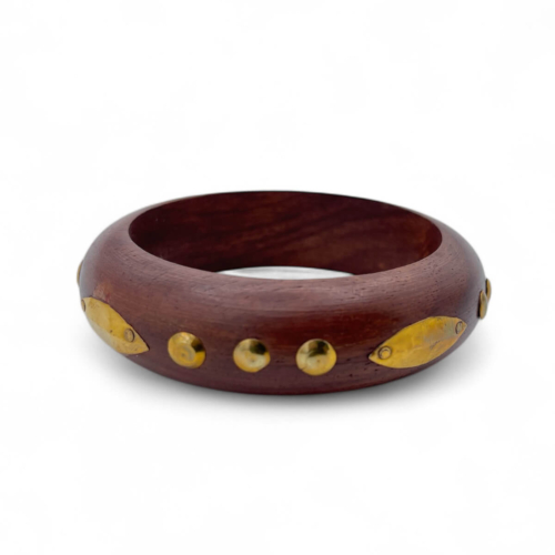 Handcrafted Boho Wooden Bangle with Brass Stud Accents - Natural Dark Wood Statement Bracelet