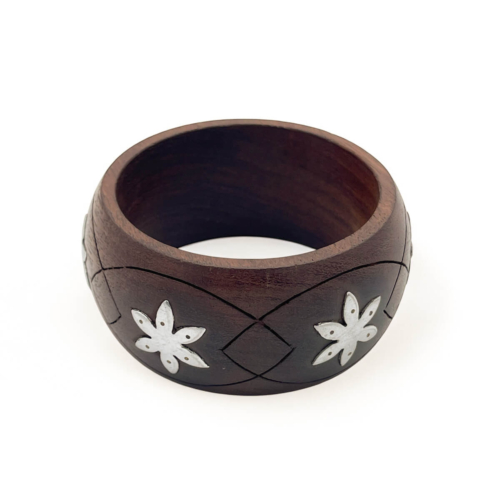 Silver Floral Inlay Wood Bangle - Elegant Bohemian Bracelet