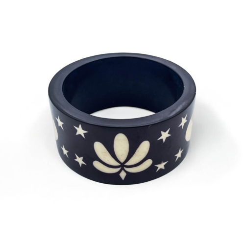 Black Resin Bangle with Stars & Lotus Flower Inlay - Celestial Boho Jewelry
