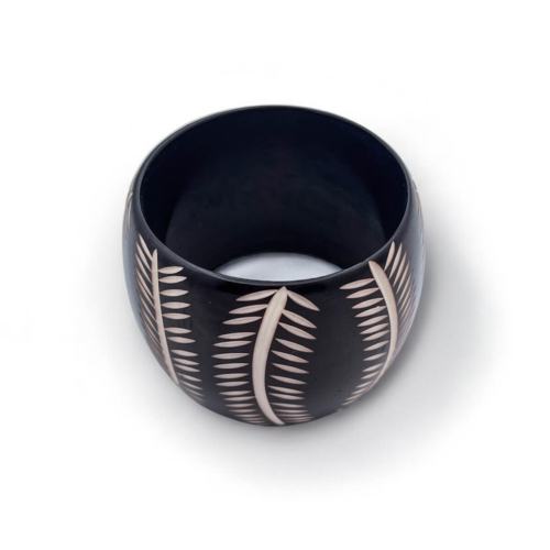 Black Resin Bangle with Engraved Fronds - Tropical Boho Statement Bracelet