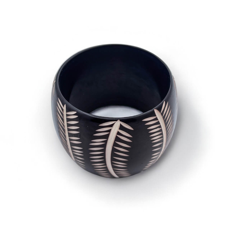 Black Resin Bangle with Engraved Fronds - Tropical Boho Statement Bracelet