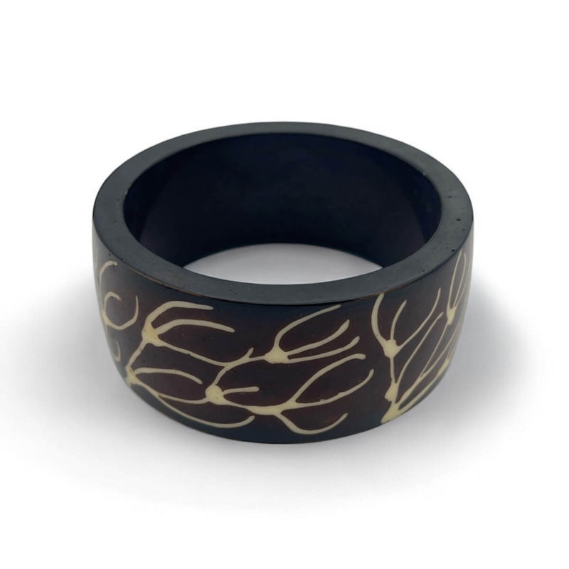 Dark Resin Bangle with Abstract Organic Inlays - Boho Statement Bracelet