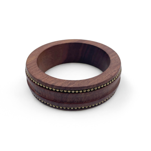 Dark Wood Bangle with Brass Bead Rows - Rustic Bohemian Bracelet