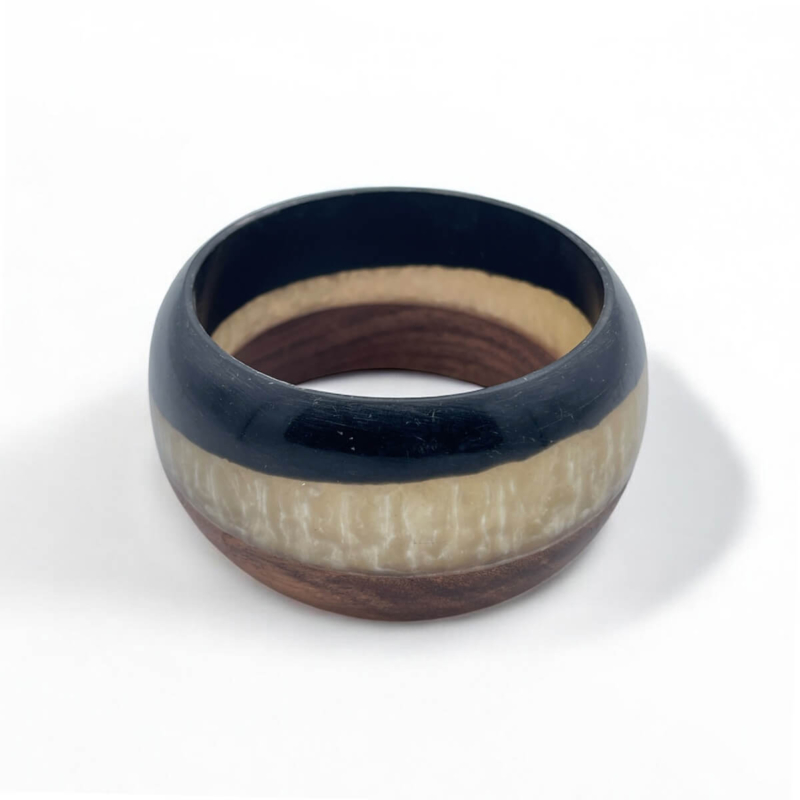Striped Resin & Wood Bangle - Multi-Layered Boho Bracelet