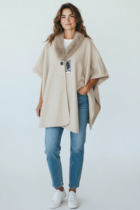 Women Cape Poncho with Fur Trim Winter Faux Fur Shawl Wrap, One Size