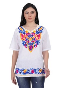 Cotton Mexican White Tops/Blouses Colorful Embroidered