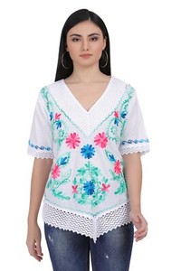 Cotton Mexican White Tops/Blouses Colorful Embroidered