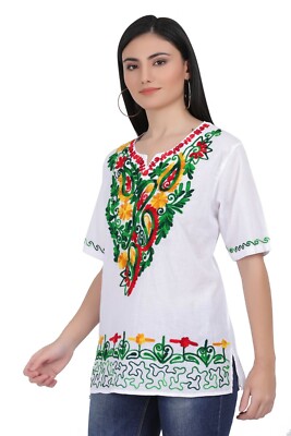 White Tops/Blouses Colorful Hand Stitched Mexican Style - Image 5