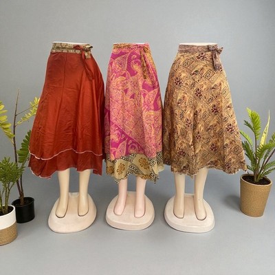 Assorted-art Vintage Silk Sari Magic Wrap Skirt Reversible Double Layer skirt - Image 2