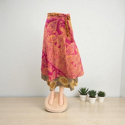 Assorted-art Vintage Silk Sari Magic Wrap Skirt Reversible Double Layer skirt - Image 5