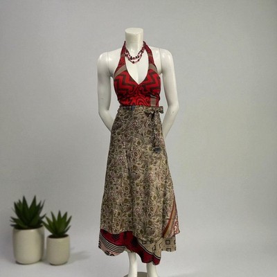 Assorted-art Vintage Silk Sari Magic Wrap Skirt Reversible Double Layer skirt - Image 11