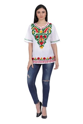 Cotton Mexican White Tops/Blouses Colorful Embroidered - Image 3