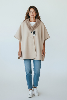 Women Cape Poncho with Fur Trim Winter Faux Fur Shawl Wrap, One Size - Image 3