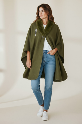 Women Cape Poncho with Fur Trim Winter Faux Fur Shawl Wrap, One Size - Image 6