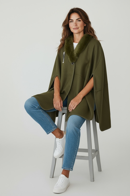 Women Cape Poncho with Fur Trim Winter Faux Fur Shawl Wrap, One Size - Image 13