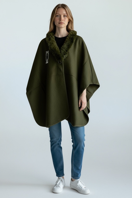 Women Cape Poncho with Fur Trim Winter Faux Fur Shawl Wrap, One Size - Image 14