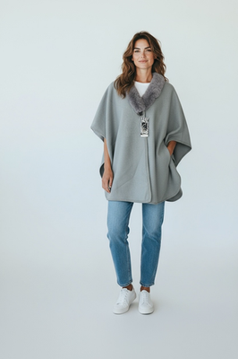 Women Cape Poncho with Fur Trim Winter Faux Fur Shawl Wrap, One Size - Image 16