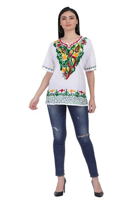 White Tops/Blouses Colorful Hand Stitched Mexican Style - Image 3